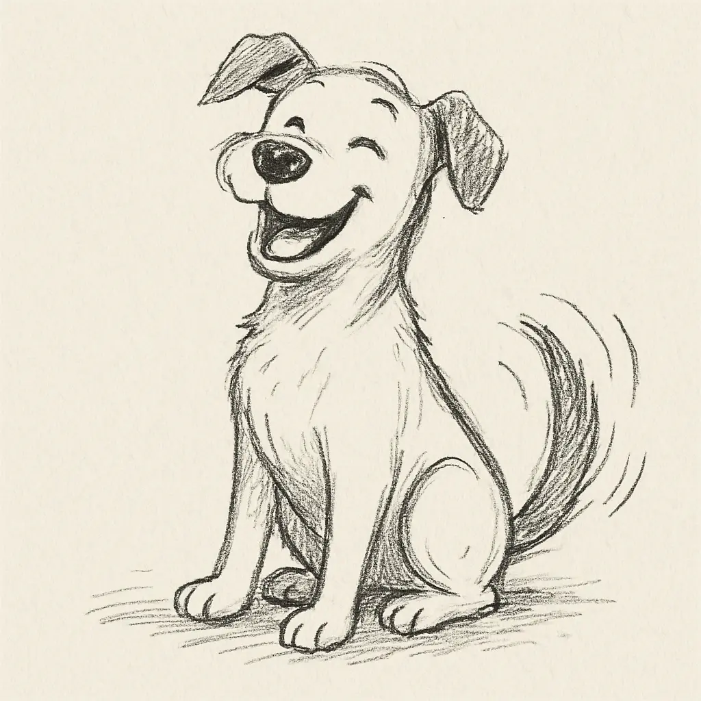 A simple, happy sketch of a dog with a wagging tail.